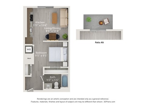 A floor plan of a small apartment with a kitchen, living room, dining area, bedroom, and bathroom.